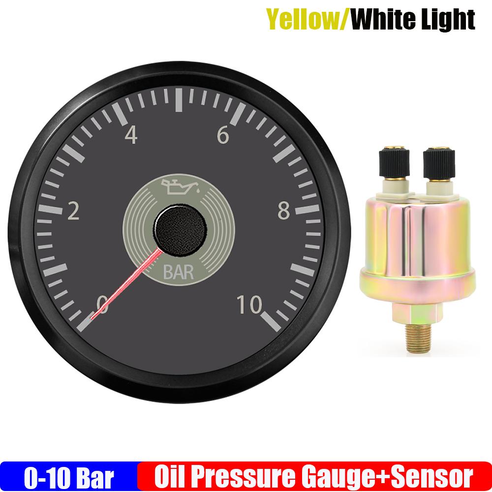 Retro Vintage Classic 0-10 Bar Oil Pressure Gauge Yellow Red LED 2" 52mm Oil Pressure Meter with Sensor 1/8NPT for Car Boat