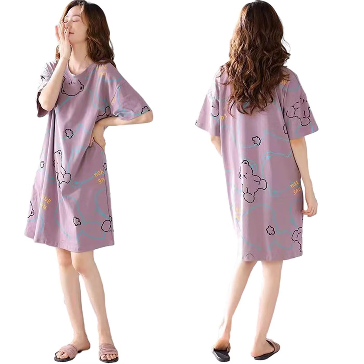 

FUNBIZ Cotton Loungewear with Casual Short Cute Loose Flattering Sleepwear Size Women s 2-Piece Cups, Sleeves, Print, Nightgown, Thin, Fit, Soft,