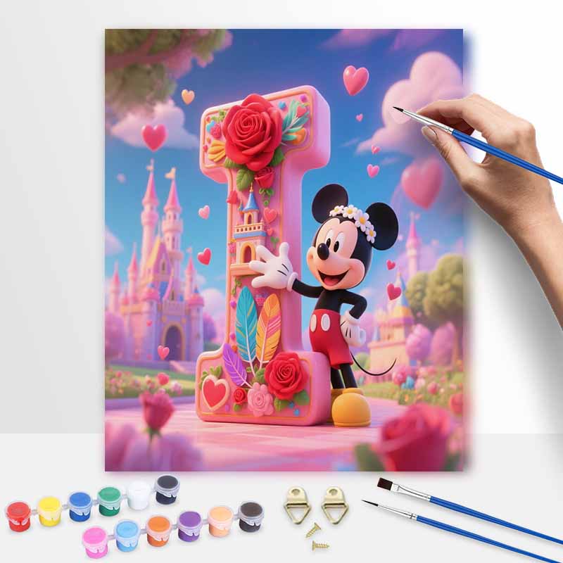 Disney Mickey Letter I rose castle oil painting art painting kit, handmade diy art painting home wall decoration, cute heart decor gift