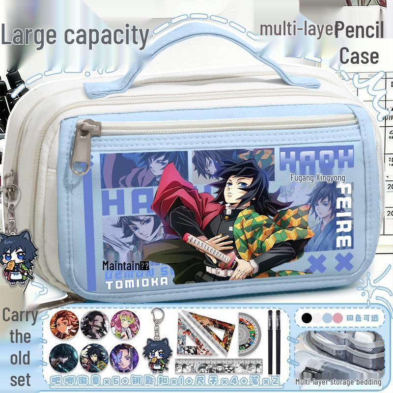 Demon Slayer Tanjiro & Nezuko Mehrschichtiges Federmäppchen - Große Kapazität, Unisex, Stilvolle Schüler-Schreibwarenbox gray