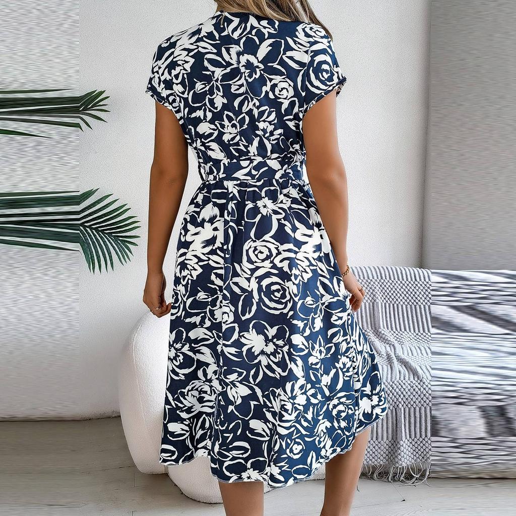 Elegant Women Floral Print Retro Dress Spring Summer V Neck Short Sleeve Casual Dress Belt Waist Bohemian Beach Dress Vestidos