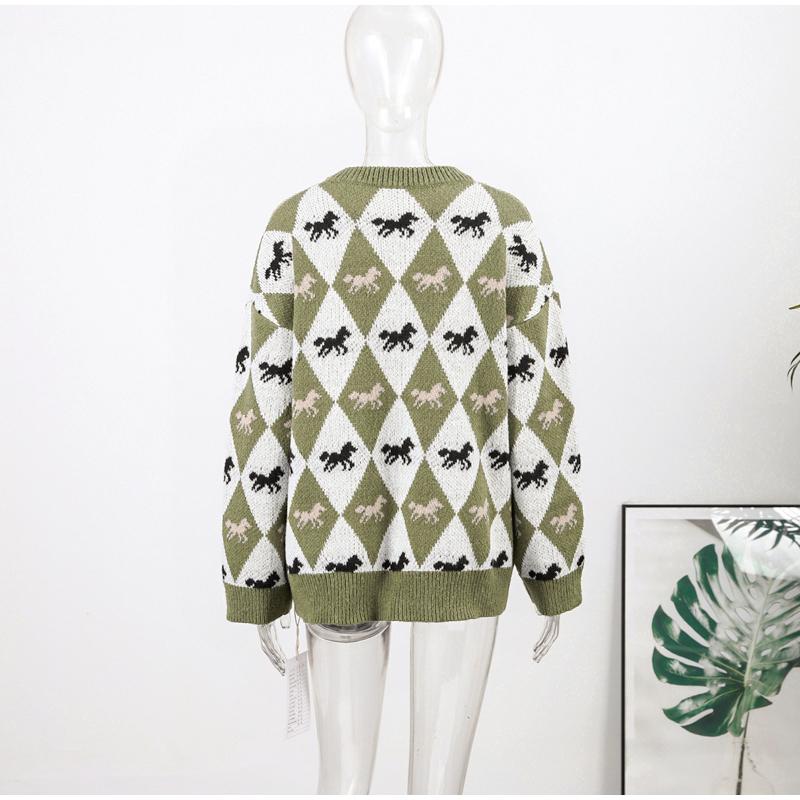 Contrast Jacquard Round Neck Sweater Women's Fashion All-match Green Sweater Diamond Style Sweater Women's Soft Skin-friendly Pullover