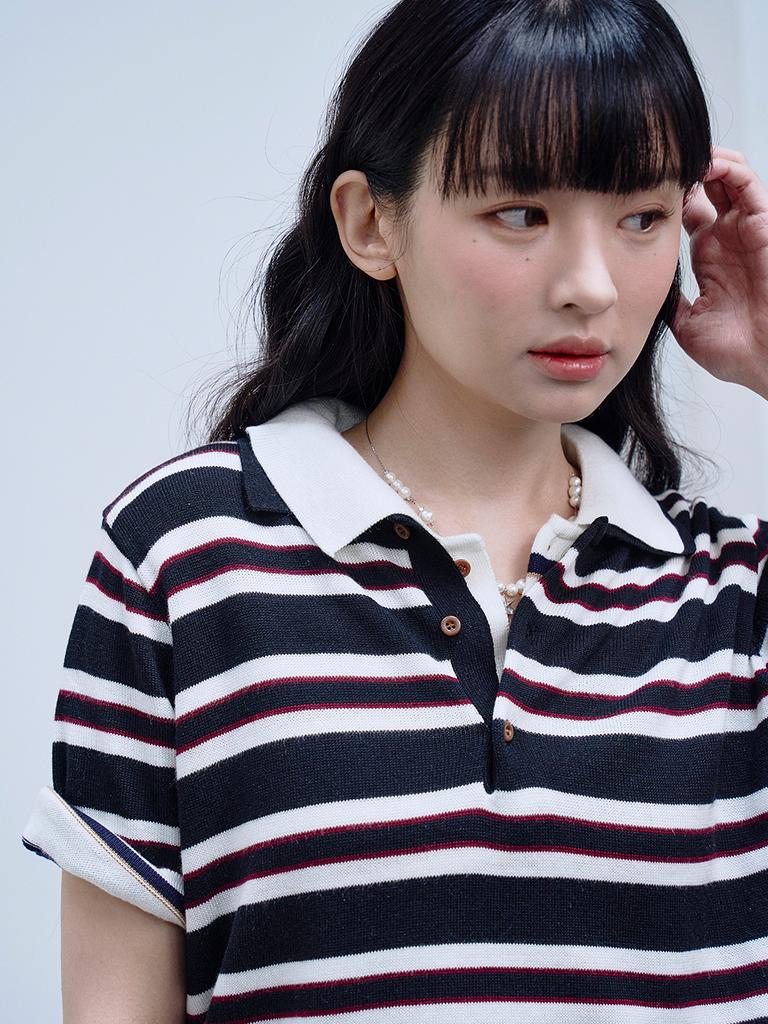 THE GREEN LAB Striped Polo Neck Short Sleeve Knit [Black]