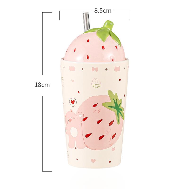 Fruit Strawberry Ceramic Cup with Lid Straw House Mug Festive Cup for Girls' High Value Water Cup Small Gift