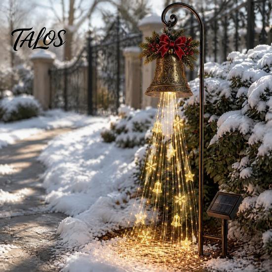 Decorative Lawn Bells for Christmas Solar Bell Waterfall Light, LED Metal Garden Stake with Red Ribbon, Powered Yard Accents Auto On/Off, Waterproof