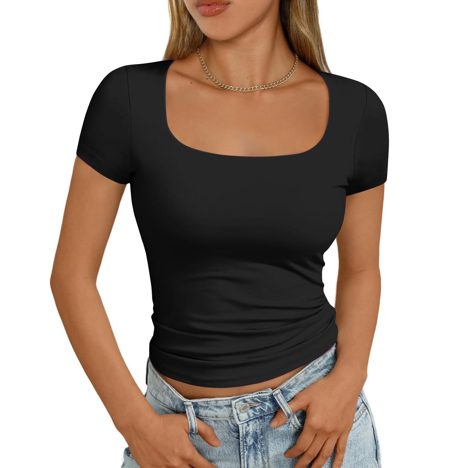 

Жіноча модна повсякденна тонка сорочка з коротким рукавом і квадратним вирізом, верхній одяг, верхній одяг XS чорний