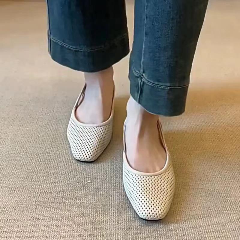 Super Soft Sheepskin~ Cool Single Shoes Women's Square Head Hollow Hole Shoes Retro Shallow Mouth Hollow Breathable Mary Jane Shoes