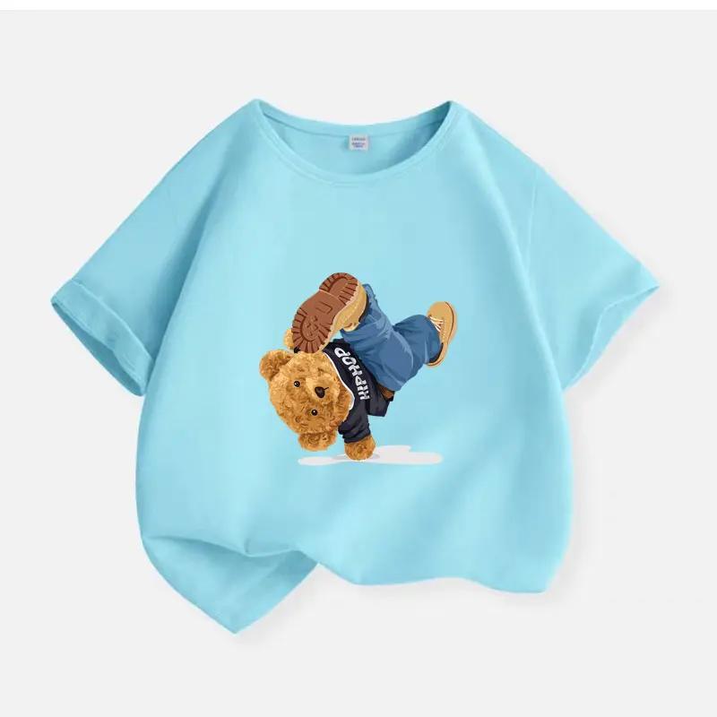 Hip Hop Dancing Bear Print Children Black T Shirt Lightweight Short Sleeve Cute Streetwear Pattern Casual Summer Wear For Kids