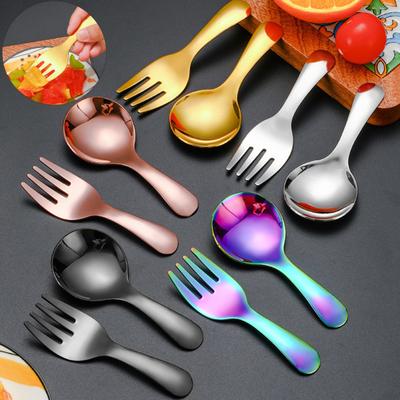2Pcs/Set Stainless Steel Baby Spoon Fork Set Short Handle Mirror Polished Mini Ice Cream Dessert Tea