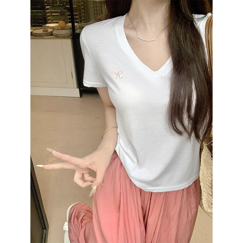 

Футболка из хлопка с вышитым бантом в виде снежинки и V-образным вырезом, открытой ключицей, для женщин, летняя, облегающая, горячая, для девушек, укороченный топ с короткими рукавами и правым плечом XL