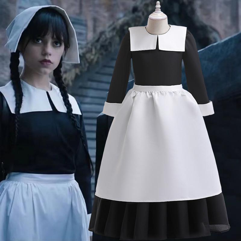 Wednesday Cosplay Girl Dress Set With Satin Fabric For Middle School Girls