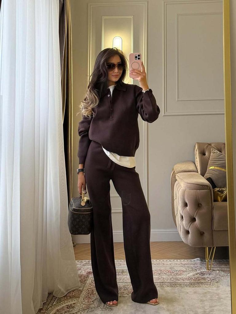 Luxury Solid Knit Set 2 Piece Outfit V Neck Button Pullover Top and Straight Wide Leg Trousers Fall Winter