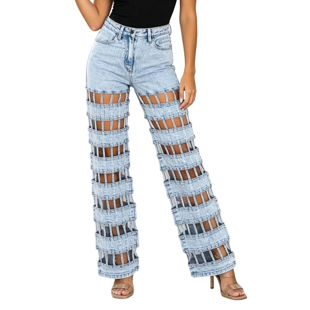 Women's Casual Fashion Hollow Out Denim Jeans Long Pants with High Waist and Straight Leg Cut for Everyday Wear and Street Style