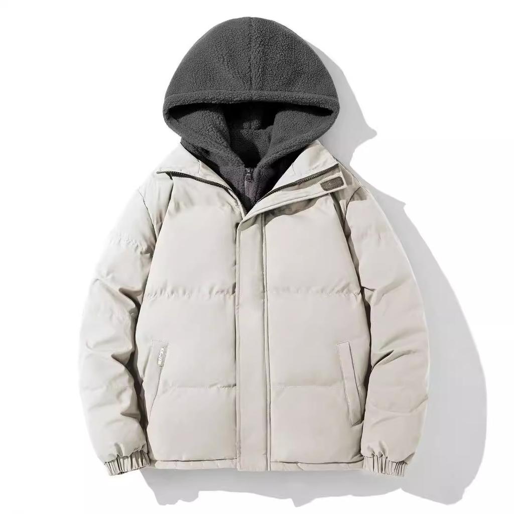 Large size fake two-piece cotton-padded clothes, men's trend loose and thickened fleece, solid color hooded clothes, simple cotton-padded jacket