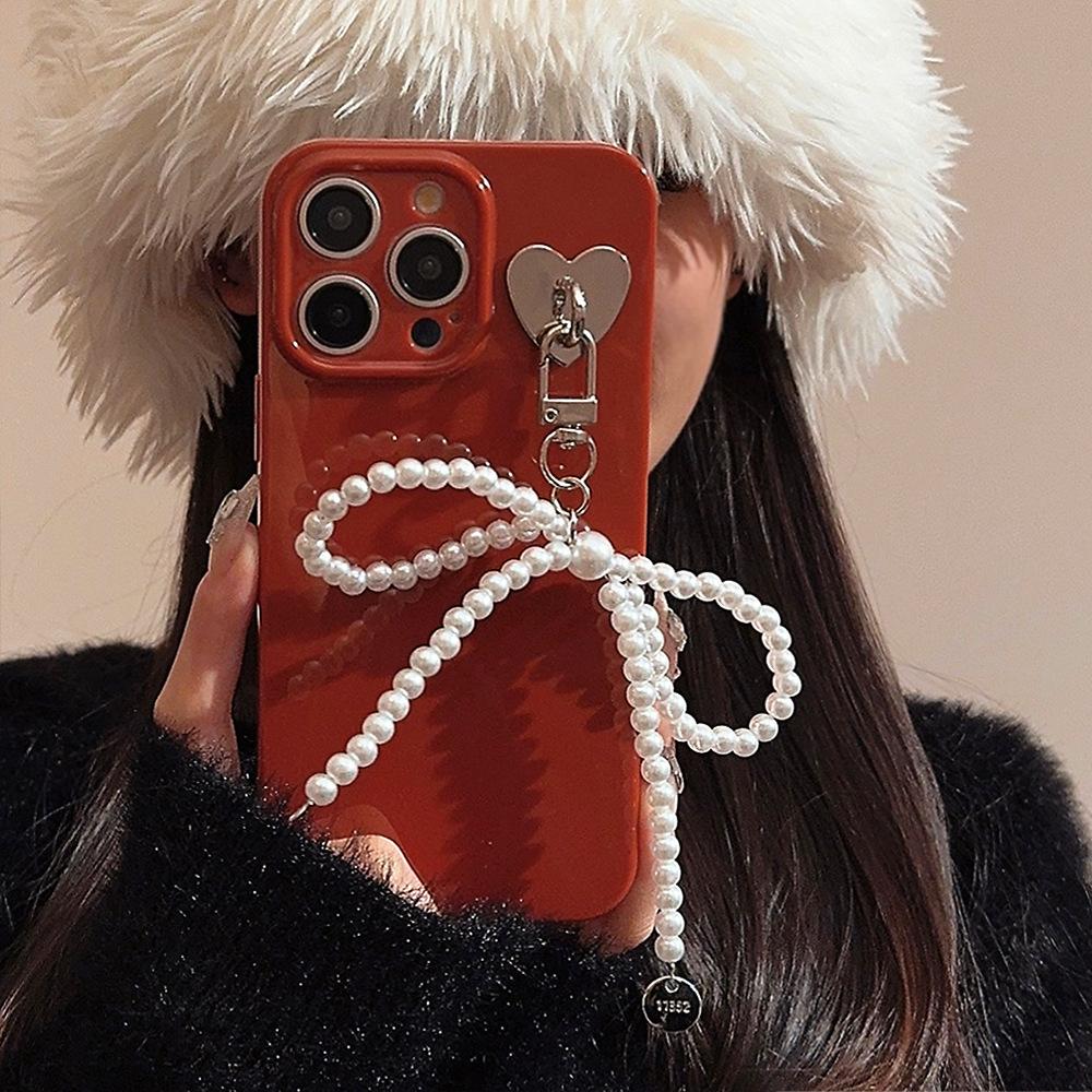 Pearl Bow Pendant Iphone16 IPhone Case 15promax Princess Style 11 New Year Red 16 Silicone