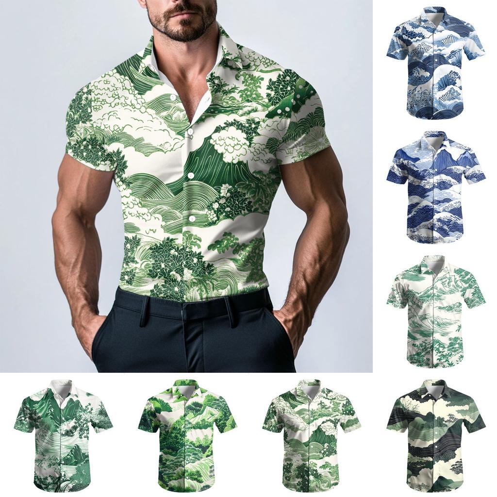 Pánská módní tištěná saténová košile s krátkým rukávem