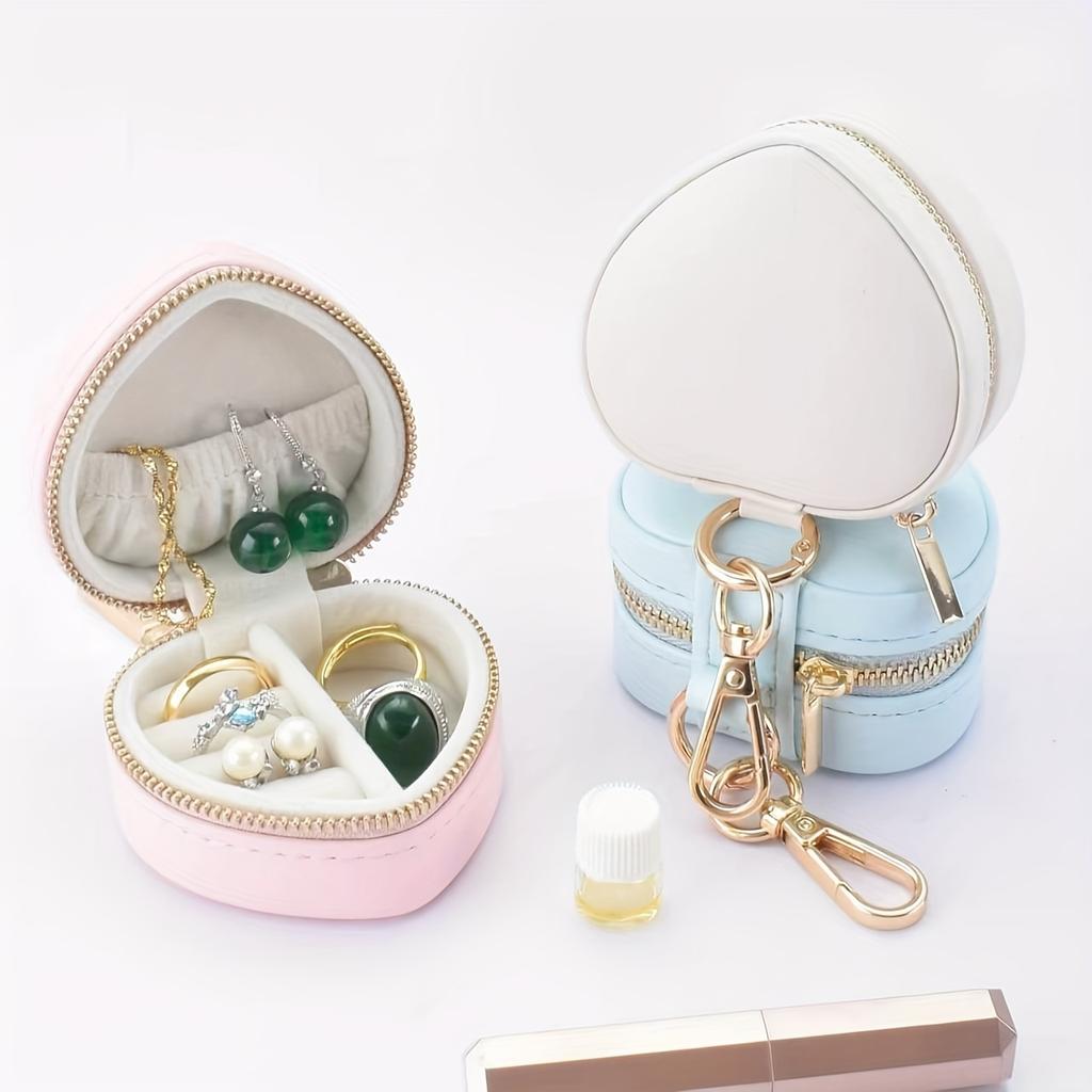 Cute Heart-Shaped PU Jewelry Box with Keychain, Zipper Closure Desktop Organizer Perfect for Earrings, Necklaces and Rings