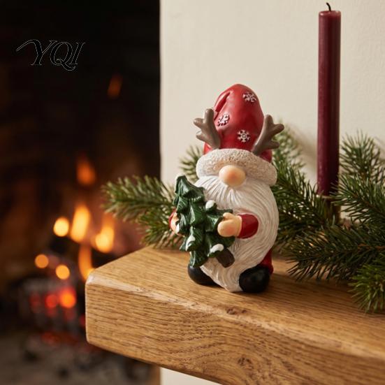 Festive Desk Accessories Christmas Gnome Figurine, Resin Tomte with Tree Hat & Reindeer Wooden Ornaments Antlers, Holiday Tabletop Decor for