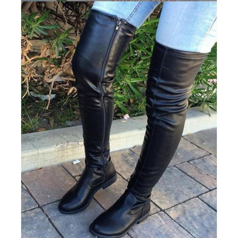 Fashion Chunky Heels Over Knee Boot Women Thigh High Flat Boots Ladies Solid Color Shiny Leather Large Boots Black Slim Shoes De Mujer