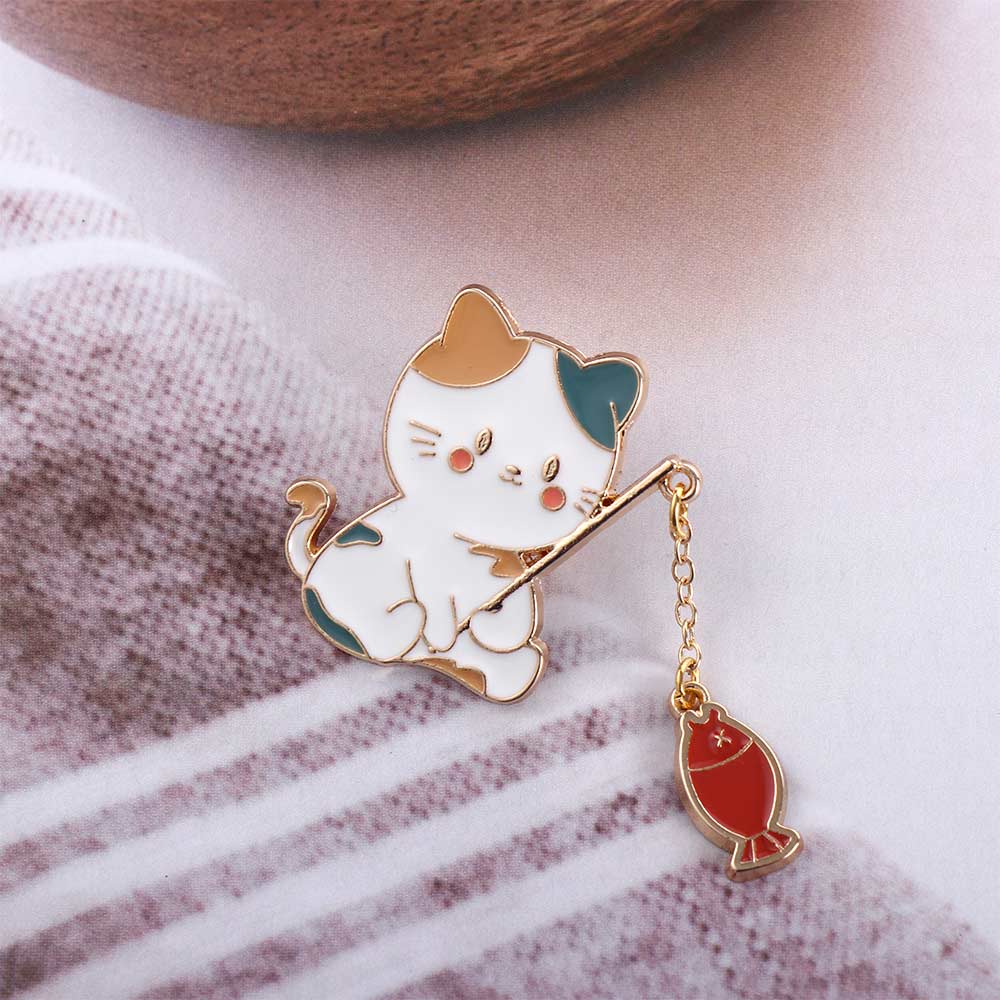 For Women Men Collar Funny Cats Decoration Enamel Brooch Badge Pin Cat Fishing Brooch Cat Brooch