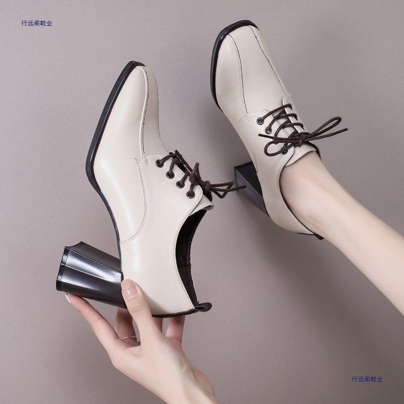 Small leather shoes style spring new square head thick heel high heels fashion lace-up versatile deep mouth single shoes
