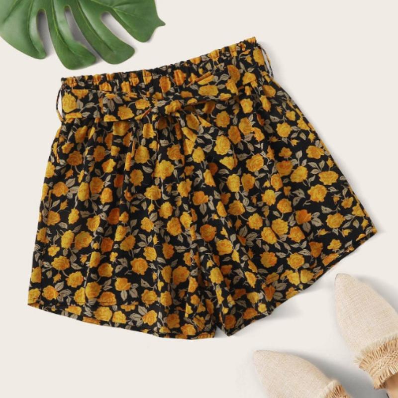 Summer Fashion Casual Wide Leg Shorts Women with Belt Vintage Printed Holiday Beach Shorts Woman High Waist Simple Office Lady Short Pants 24328