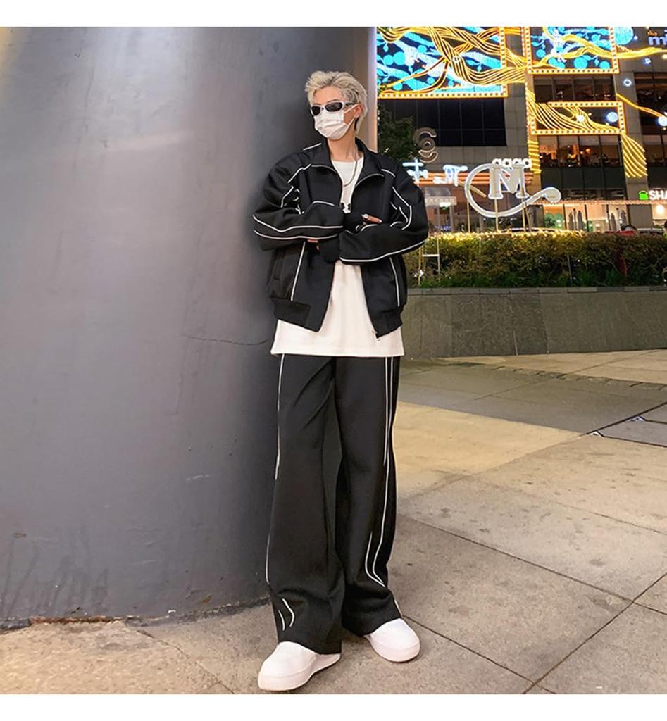 Blouson Jersey mit Reißverschluss Koreanisch Locker Plus E1230C D.IIZOO Herren Zip-Up Set, Sweatshirt, 2-teiliges Set, Sportbekleidung, Streetwear, Stil, Elegant, Lässig,