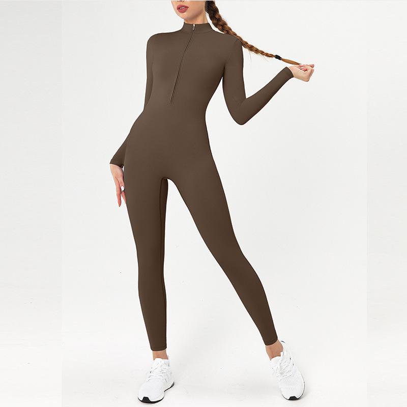 Nude Langarm Yoga-Jumpsuit mit Reißverschluss - High-Intensity Fitnessbekleidung