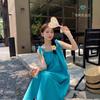 Holiday Style Dress Strap-up Suspender Skirt Women's Clothing Summer Temperament Loose and Thin A-shaped Skirt Blue Medium and Long Skirt