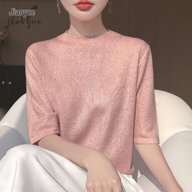 

Women s Spring 2025 Fine Merino Wool Leaf Jacquard Half-Sleeve Knitted Base Layer Top Medium рожевий