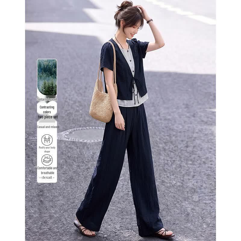 Women s Elegant Faux Two-Piece Short Sleeve Top & Pants Set S