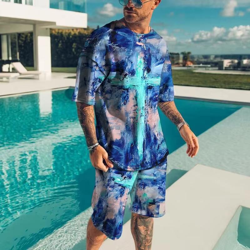 Fashionable Men's Sportswear Summer Beach Short Sleeved 3D Printed Shirt Set Street Wear T-shirt Shorts Men's Loose, Soft, Comfo