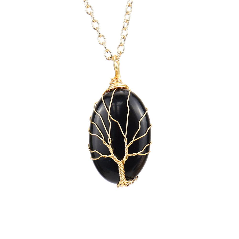 Silk Natural Crystal Rough Stone Egg-Shaped Gold Winding Tree Of Life Pendant Necklace N644