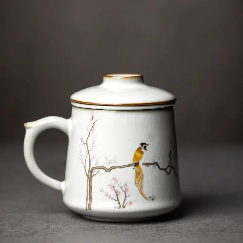 

420ml Chinese Ru Kiln Ceramic Teacup with Strainer Handmade Tea Cup Household Tea Water Separation Mug Portable Travel Teaware 10x12cm 420ml