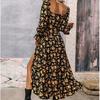Floral Square Neck Dress - Long Sleeve Slit Hem Maxi