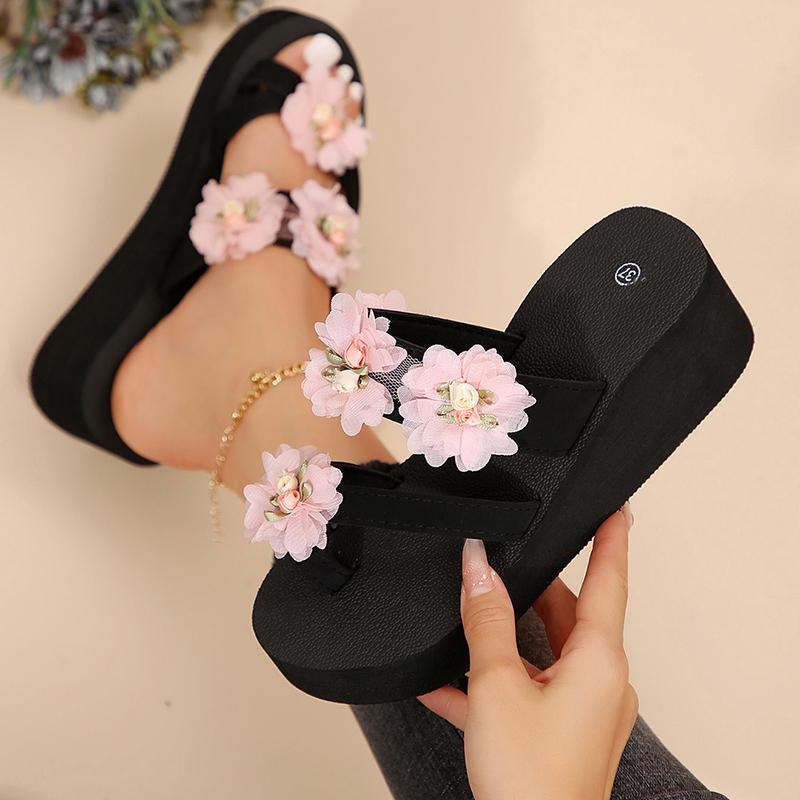 Fashion Flower Decor Women's Wedge Flip Flops Lightweight Chunky Platform Slippers Woman Summer Thick Sole Beach Slides Sandals