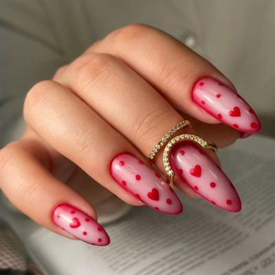 24Pcs Valentine Fake Nail Almond Press On Nail Acrylic Nail Full Cover False Nail Stick On Nail Gloss Artificial Nail
