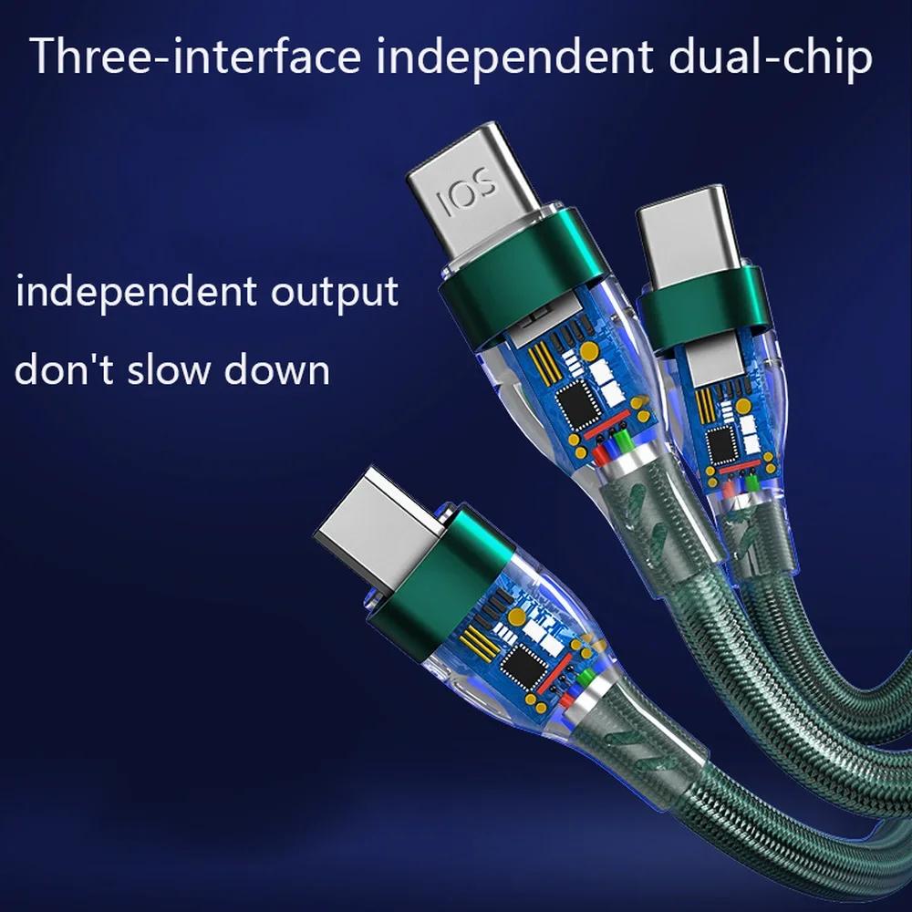 6A 3n1 Nylon Fast Charging Cord for Micro USB Iphone TYPE-C Universal Braided Data Cable Universal Multiple Ports Charger