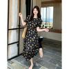 Korean Black Floral Dress Women's Summer Bubble Sleeves Waist Thin Gentle Wind French Retro Japanese Versatile Long Dress