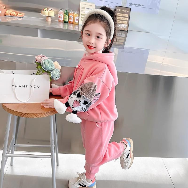 Trendy Girls' Cartoon Sweatshirt and Pants Set - Casual and Sporty Two-Piece Outfit