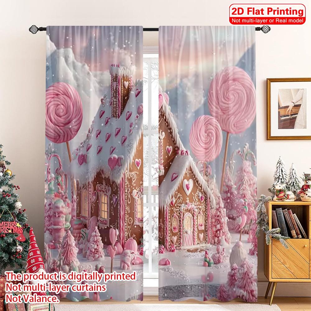 

2Pcs 2D Flat Printing Fashionable Christmas Curtains Gingerbread Candy Cane_ Cute Pink Brown Digital Printed Polyester Drapes 53x116cm 2pc21x46in&Rod Pocket