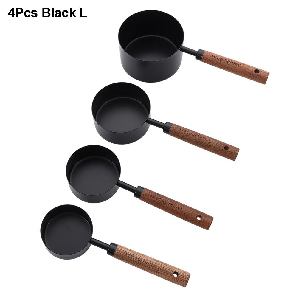 4Pcs Stainless Steel Measuring Cup Spoon Wooden Handle Gold Silver Coffee Measuring Spoon Black 1.25-250ml Baking Tool
