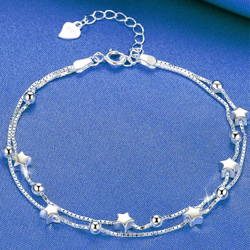100% Solid 925 Silver Metal Bracelets for Women Men Adjustable Beads Handmade Simple Birthday Christmas Gift