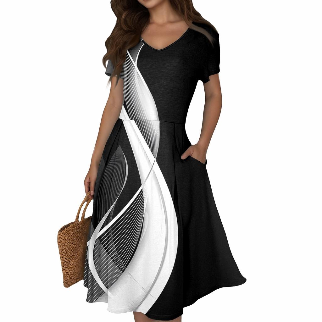 Women's Summer Casual Print V-Neck Short Sleeve Dress With Pockets