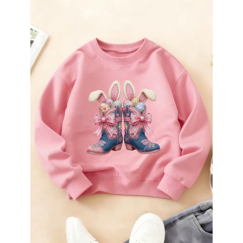 Kids Crewneck Long Sleeve Sweatshirt, Western Cowboy Boots & Bow Rabbit Print