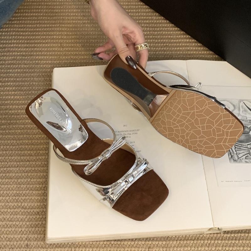Fashion Women's Korean Bow-knot Simple and Fashion Shaped Heel High Heels Sandals Summer New Female Square Toe Dress High Heels Slippers