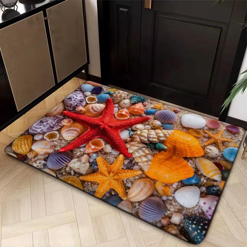 Seastar Seashell Beach Doormat Realistic Seaside Sand Print Non Slip Entrance Floor Mat For Front Door Coastal Home Decor