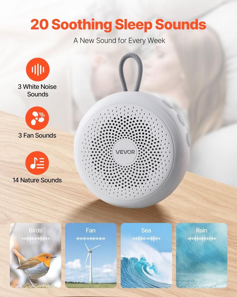 Sound Machine, 20 Soothing Sleep Sounds, 4-in-1 Hangable White Noise Sound Machine with Auto-Off Timer, Soft Ring Light, Memory Function and Child