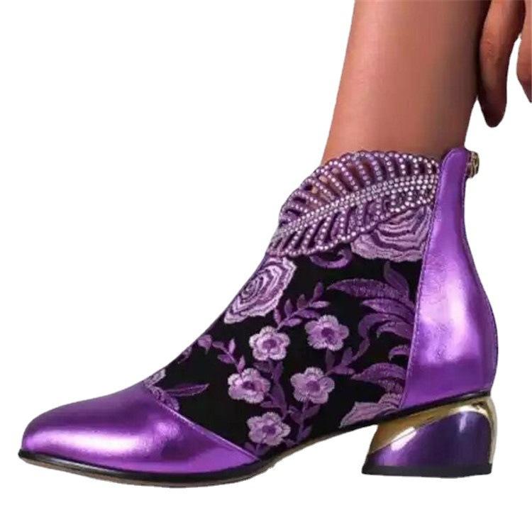 Middle heel ethnic style women's shoes embroidered rhinestone thick heel autumn and winter women's boots large size foreign trade Martin women's sh