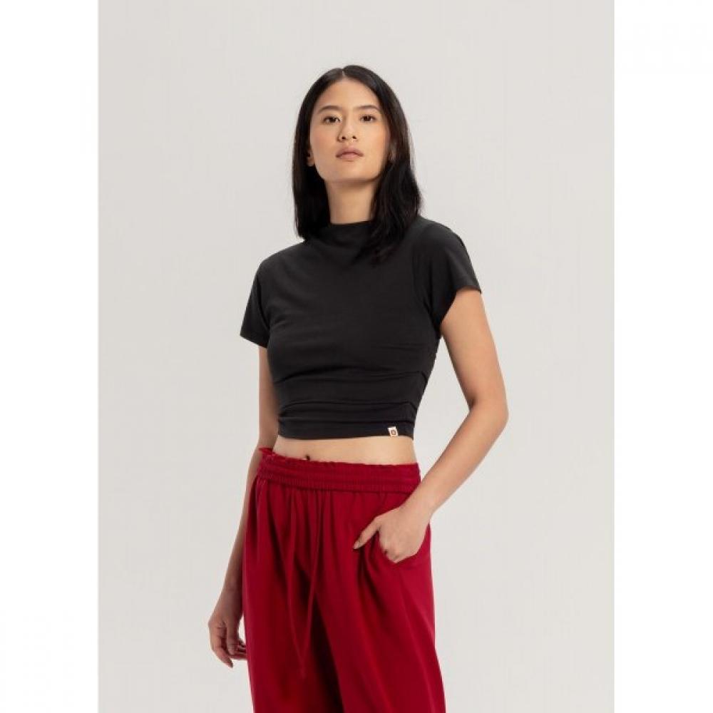 High Neck Shirring Short Sleeve Black  B61002ats10 B01 Black/XS